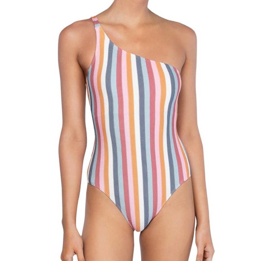 Peony Striped Pink Rainbow One Shoulder One-Piece Swimsuit Bikini SZ 4 NWT